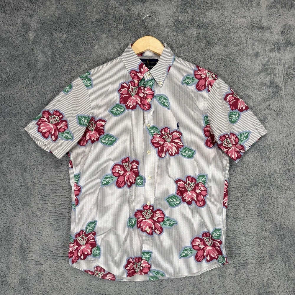 Ralph Lauren Shirt Mens M Classic Fit Floral Striped Seersucker RL Untucked Pony